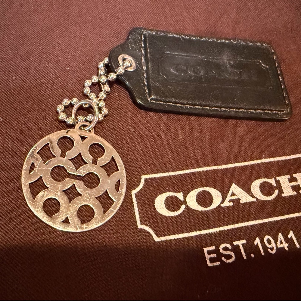 Coach Black Leather Keychain with Silver C Charm
